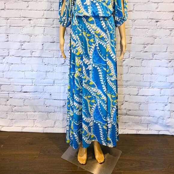 NIKKI POULOS, Turquoise/lime green print cold shoulder maxi Hydra dress - Picture 9 of 15